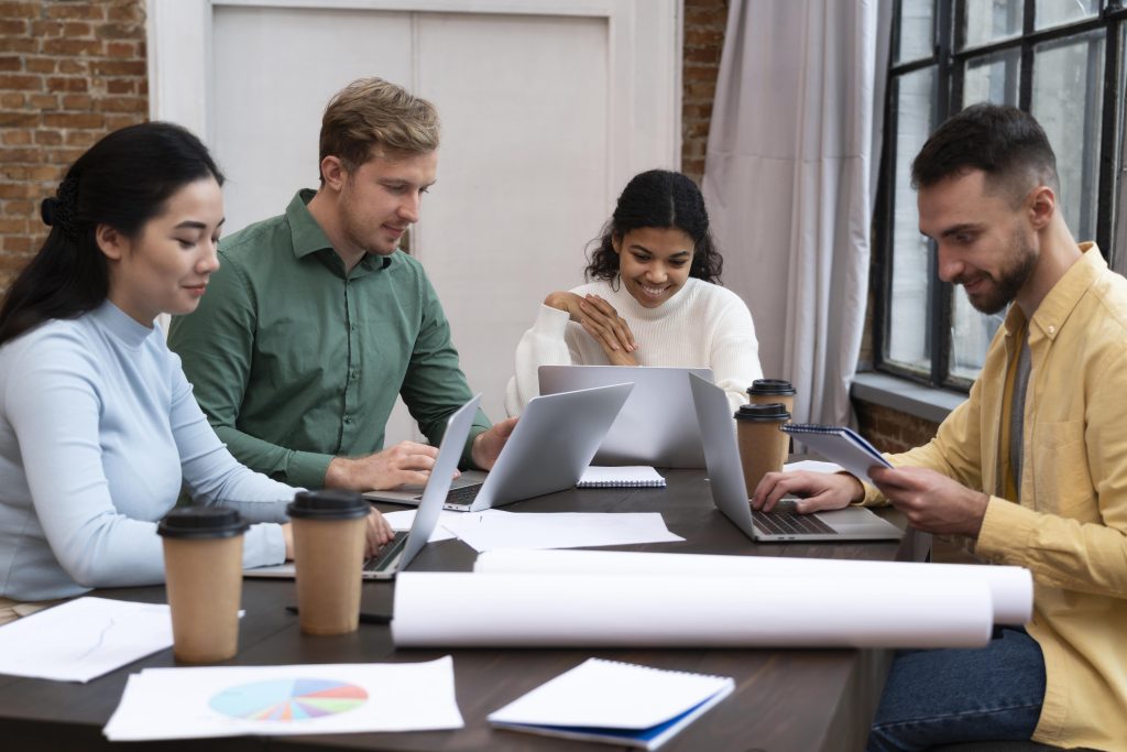 a team collaborating with a virtual assistant