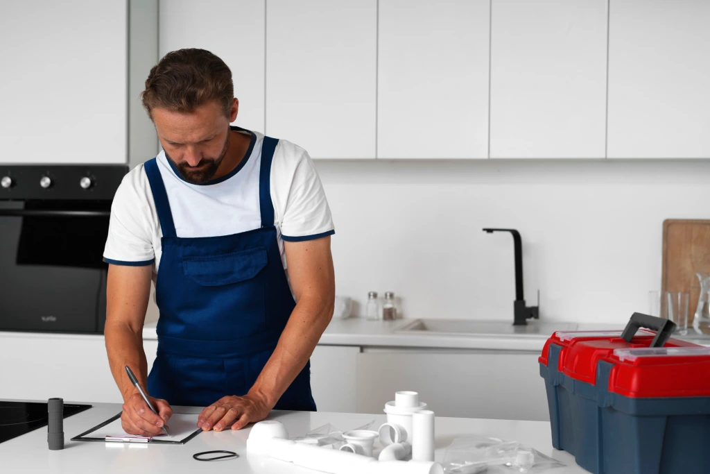 a plumber working on pipe measurements