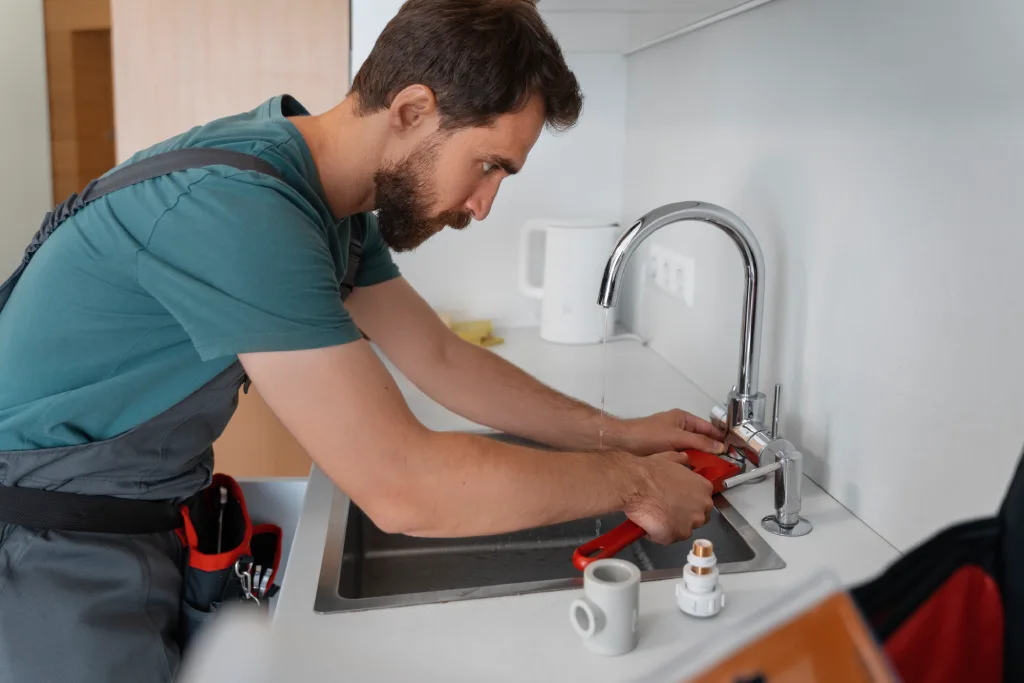 Self-employed plumber fixing a kitchen faucet