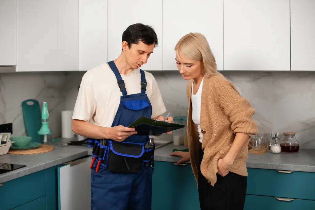 male plumber working with client fix kitchen problems